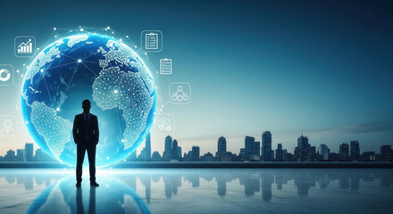 Businessman digital globe cityscape technology data futuristic network innovation global modern. confident businessman stands before glowing digital globe with data icons city skyline background