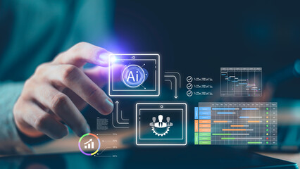 Futuristic concept of artificial intelligence in business management, project planning, and data-driven solutions with automation, efficiency, and innovative digital transformation.