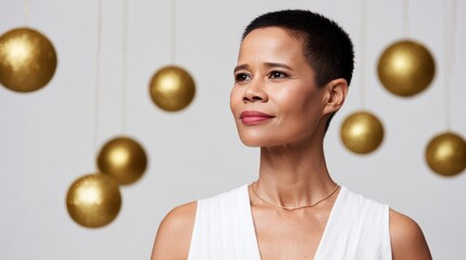 Naklejka premium ```plaintextConfident African American woman amidst golden orbs, symbolizing unity and renewal during Kwanzaa's vibrant celebration of community spirit```