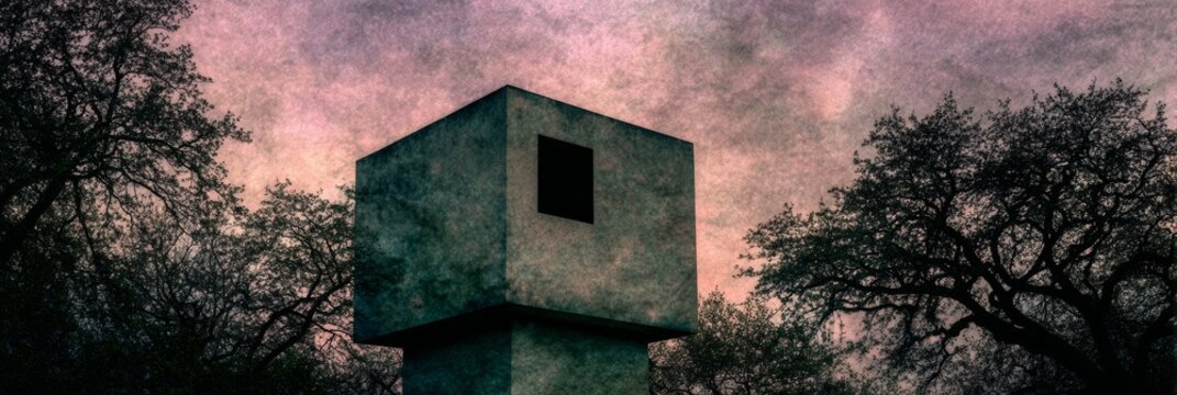 ```Foreboding concrete cube under dusk's apocalyptic hues, evokes urban alienation, amid trees whispering secrets of Samhain```