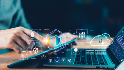 Showcasing the future of digital protection with secure cloud infrastructure, AI-powered analytics, and cross-device connectivity. Ideal for cybersecurity, cloud computing, tech innovation concepts.