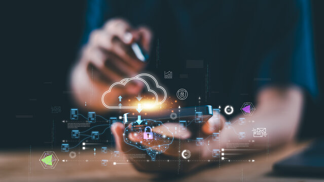 Empowering digital transformation through secure cloud computing, artificial intelligence, and mobile connectivity. Ideal for technology innovation, data privacy, and cybersecurity future-forward 