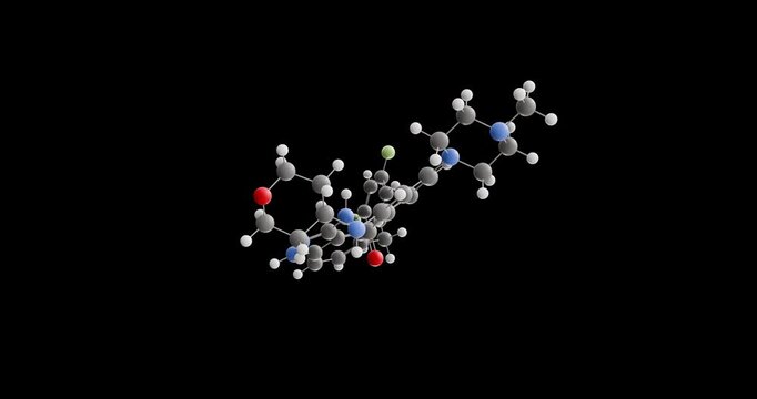 Entrectinib molecule, rotating 3D model of antineoplastic agents, looped video on a black background
