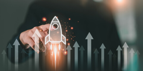 Startup launch, innovation drive, digital momentum are essential for modern business acceleration. concept reflects visionary growth, breakthrough execution, powerful rise in competitive markets. © chaylek