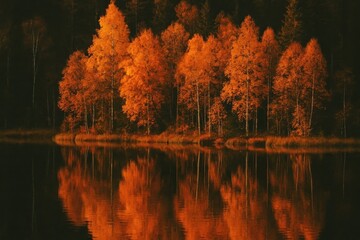 Obraz premium [autumn lake reflection with orange trees cinematic grain mobile wallpaper]