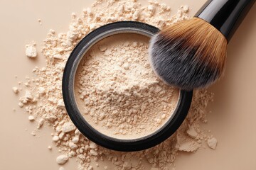 Light beige loose powder in a container with a makeup brush
