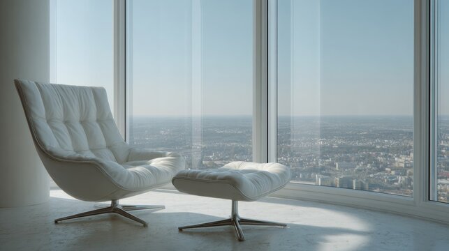 Modern white armchair basking in skyscraper's ethereal glow invokes National Relaxation Day and Urban Solitude Festival vibes
