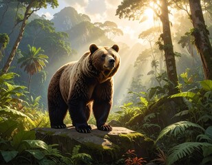 Majestic brown grizzly bear standing on a rock in a lush tropical rainforest with sunbeams