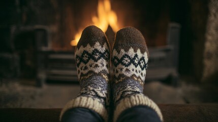 Cozy Nordic-patterned socks by crackling hearth, hygge warmth envelops winter solstice evening, evoking Yule and intimate retreats