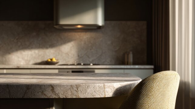 Sunlit marble countertop exudes serene elegance, embracing minimalist zen, ideal for World Meditation Day tranquility or Hygge celebration