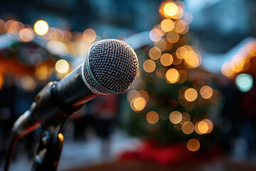 microphone with blurred christmas tree in the background