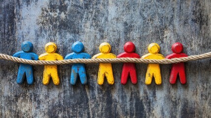 Fototapeta premium Colorful figurines pulling rope, teamwork, grey background. Possible stock photo use Showing unity and cooperation
