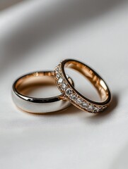 Two wedding rings lying on a white surface. the rings are made of gold and silver metal, with the gold ring on top and the silver ring on the bottom.