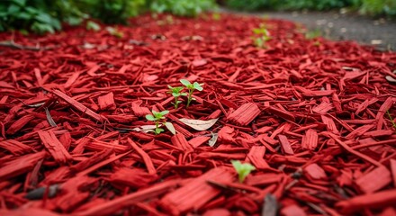 Red mulch with garden path, and plants.