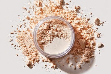 Light beige powder scattered around a small container