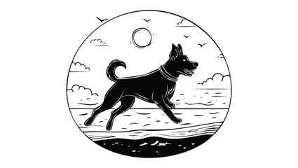 Vector illustration of an energetic dog on a beach, a circular logo concept for animal lovers and outdoor life
