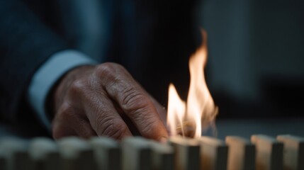 A contemplative hand dances with fire amid dominoes, invoking Diwali illumination, risk, and the Festival of Dangerous Ideas