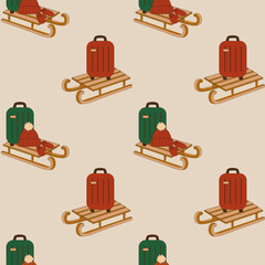 Seamless vector pattern with winter travel theme. Wooden sledges with suitcases, Christmas tree in eco wrapping, knitted hat and mittens. 