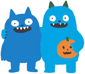 Two cute blue monsters smiling and hugging each other with one holding a jack-o-lantern pumpkin perfect for Halloween and fun character designs