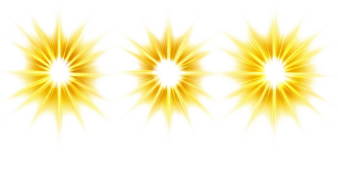 Three Glowing Golden Starbursts with Bright Light Emanating sunburst yellow isolated on a transparent background