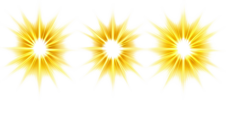 Three Glowing Golden Starbursts with Bright Light Emanating sunburst yellow isolated on a transparent background