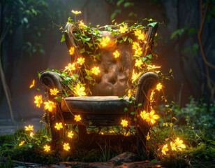 A rustic chair made of entwined vines and glowing flowers, pulsing with soft natural energy, blending magical charm with organic beauty,