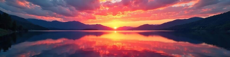 Fototapeta premium Serene sunset over a tranquil lake, reflecting vibrant colors in the still water, creating a breathtaking vista Perfect for travel, nature, or serenity themed projects , sunset, tranquility