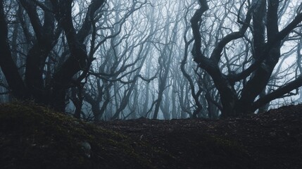 Entangled branches loom in the eerie twilight, evoking Halloween mystery and Samhains whispered legends through misty woodland shadows