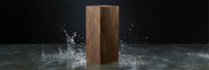 Monolithic wooden pillar amid splashing water, invoking Zen-like tranquility, Earth Day reflections, and grounding moments in minimalism