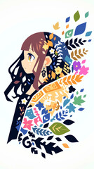 物思いにふける女の子、イラスト、パッチワーク