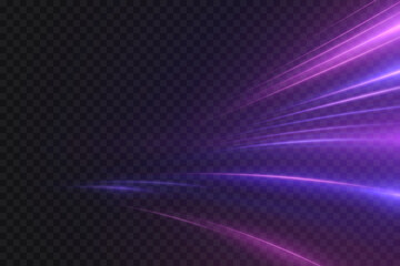 Violet light lines with bright glow and dynamic acceleration effect. Energy speed stripes for gaming and racing interfaces, futuristic HUD elements and digital design.