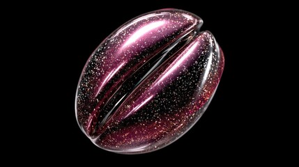 A glamorous, close-up view of a glistening, deep-pink, glittering coffee bean-shaped object against a black background.