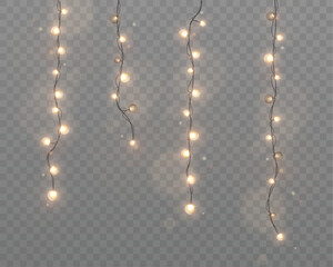Yellow glowing vertical garlands with a warm glow on a transparent background. Festive lights for winter and Christmas compositions.