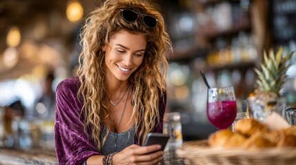 Happy woman using mobile phone in cafe, enjoying breakfast and social media