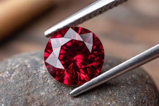 Jeweler holding faceted red ruby with tweezers