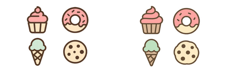 Colorful sweet dessert icons featuring cupcake, donut, ice cream cone, and chocolate chip cookie in soft pastel hues