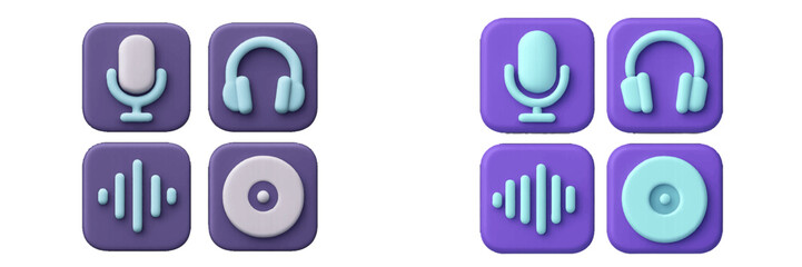 Contemporary 3D audio sound music interface icons for digital media, communication, and entertainment platforms