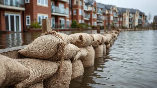A line of stacked sandbags holds back floodwaters threatening brick residences. The scene illustrates the ongoing challenge of protecting infrastructure.