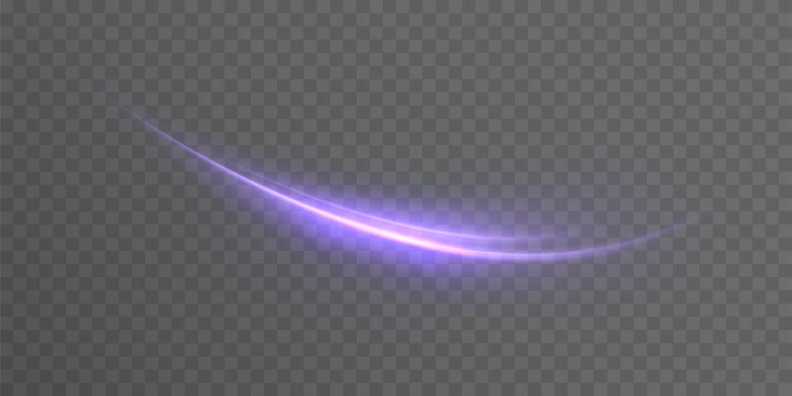 Purple light trail with soft glow and curved arc on transparent background. Vivid abstract impact or movement effect for game interfaces, magic spells and digital design.