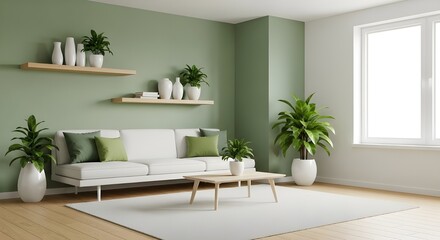 Modern, minimalist, living room, floating shelves, white and green color scheme, wooden accents, potted plants, straight lines, and natural illumination, generative ai