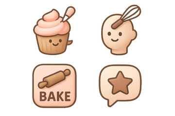 Charming baking and cooking elements featuring a smiling cupcake, chef's whisk, rolling pin, and star rating