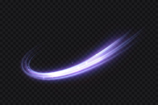 A purple curved light trail with sparkling particles and a soft glow on a transparent background. A bright arc-shaped vortex with glittering dust for overlays, headers, and abstract designs.

