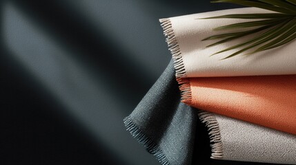 Close-up of a stack of folded fabrics. the fabrics are in different colors - white, orange, and grey.
