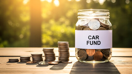 Glass jar labeled car fund filled with coins alongside stacked change, symbolic saving money sunlight background, finance savings concept for future transportation vehicle budget planning