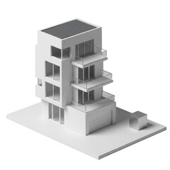 Fototapeta premium Modern minimalist house architectural scale model with white walls, dark roof, glass windows, and metallic geometric accent on transparent studio background. Architectural design showcase.
