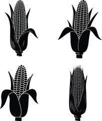 Corn Silhouette Set. Black Maize Cob, Stalk, Husk, and Kernel Graphic
