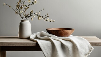 Wooden table with a white vase and a wooden bowl on it. the vase is made of white ceramic and has a small branch with small white flowers in it.