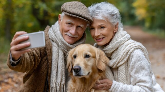 Senior couple taking selfie with golden retriever in autumn park - Powered by Adobe