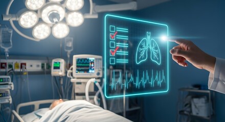Futuristic medical technology in operating room, doctor analyzing patient lungs with digital interface.