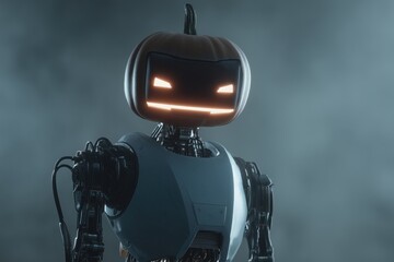 Halloween cyberpunk jack-o-lantern robot illustration futuristic cityscape digital art environment unique perspective